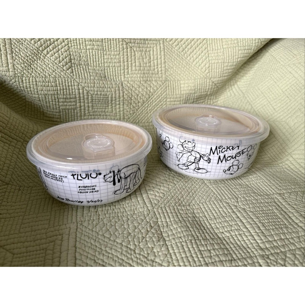 Disney Sketchbook Mickey Mouse & Pluto Ceramic Storage Bowls Containers w/Lids